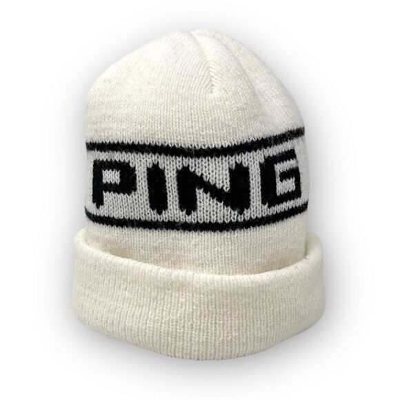 Vintage Ping Golf White Cream Beige Knit Black Beanie Winter Hat Cap OSFM - Picture 1 of 9